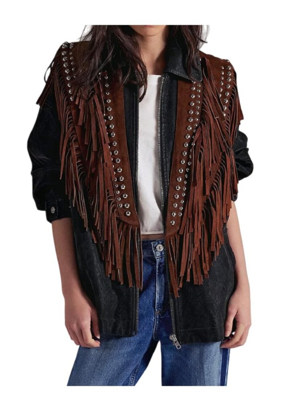 Ponchos Collar for Women Studded Faux Suede Shawls Wrap Tassel Open Front